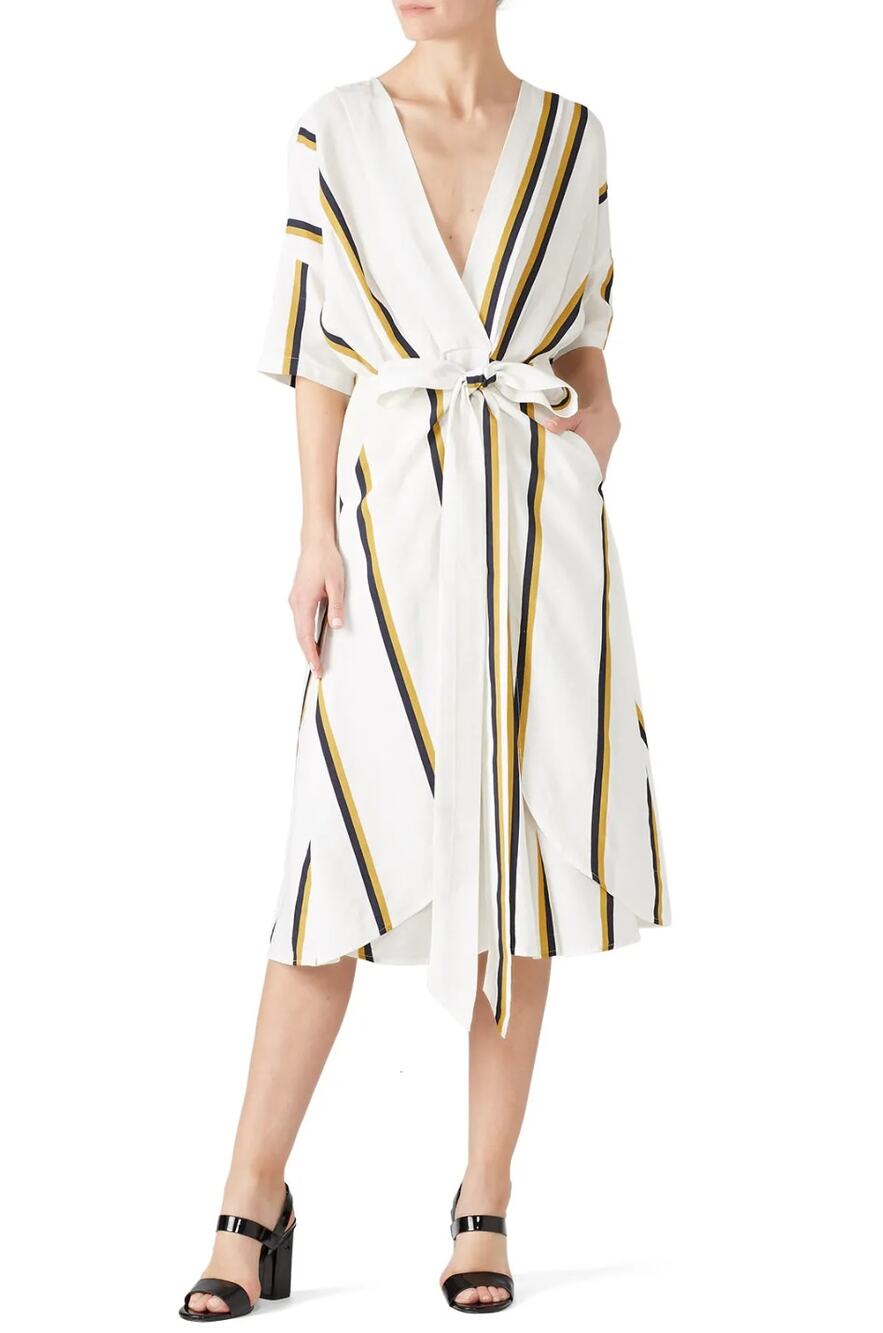 Sancia Anika Womens Plunge V-Neck Wrap Tie Short Sleeves Striped Dress Small